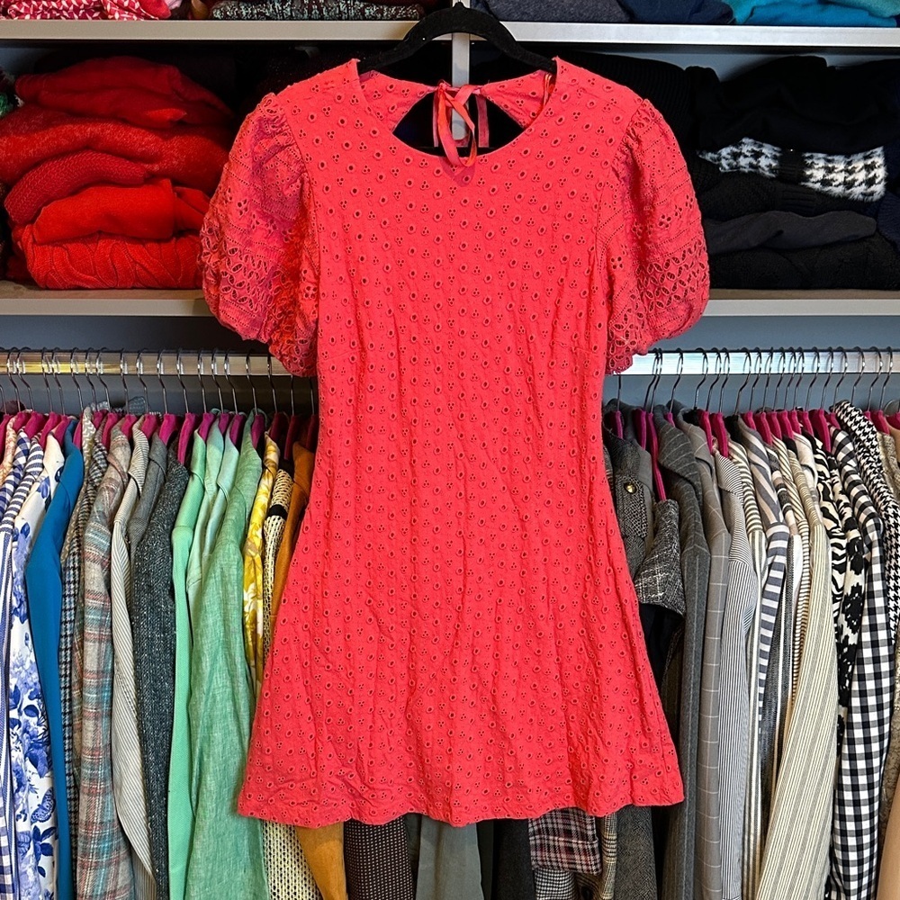 Free People red short puff sleeve back cut outs lined eyelet dress size S